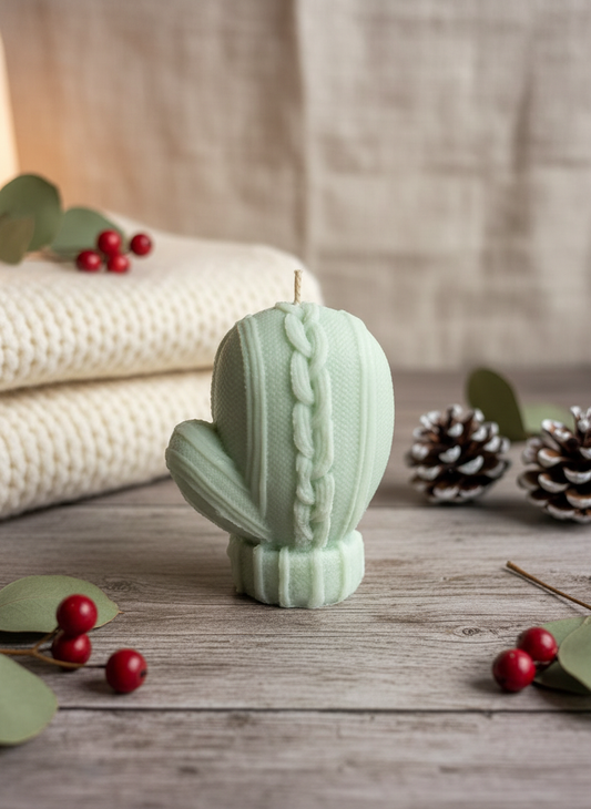 Light Green Soy Mitten Candle in cozy winter setting