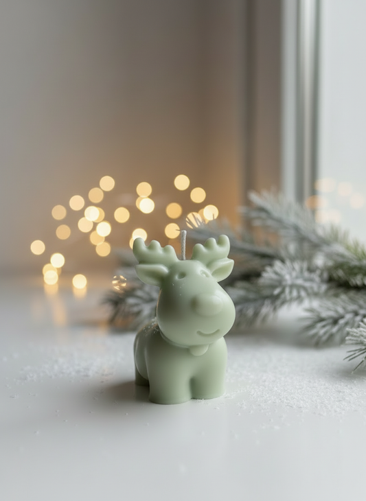 Reindeer candle in cosy Christmas setting - no snow on face