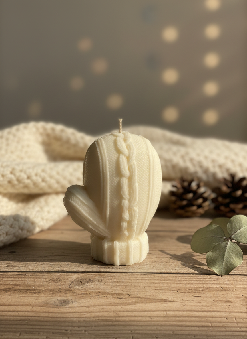Handmade Soy Mitten Candle in cozy winter setting