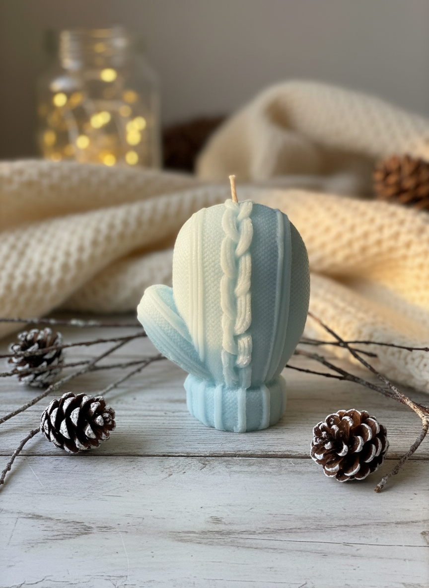 Light Blue Soy Mitten Candle in cozy winter setting