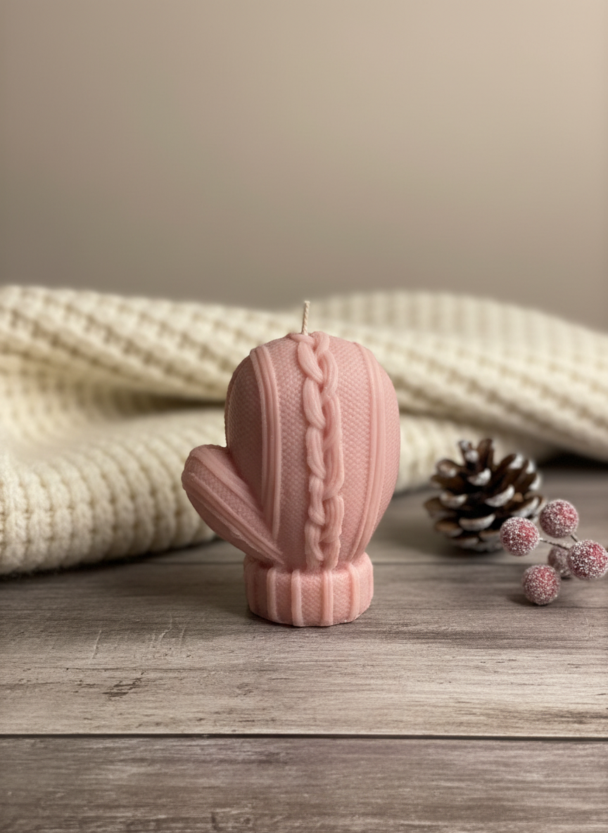 Pink Soy Mitten Candle matching highland cow color