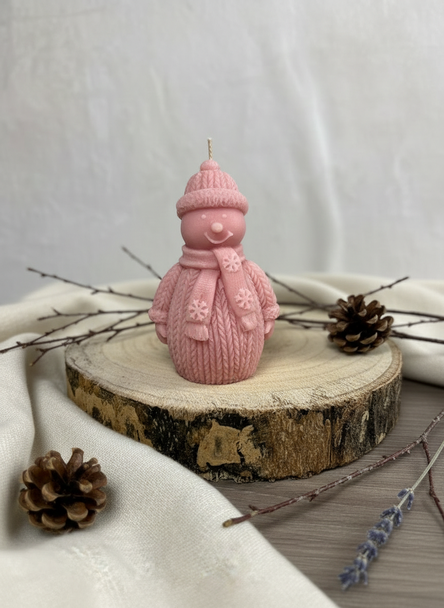 Pink Soy Snowman Candle matching highland cow color