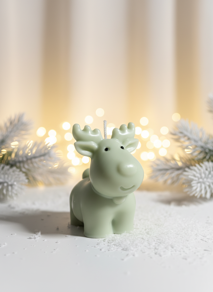 Reindeer candle with black eyes in cosy Christmas setting