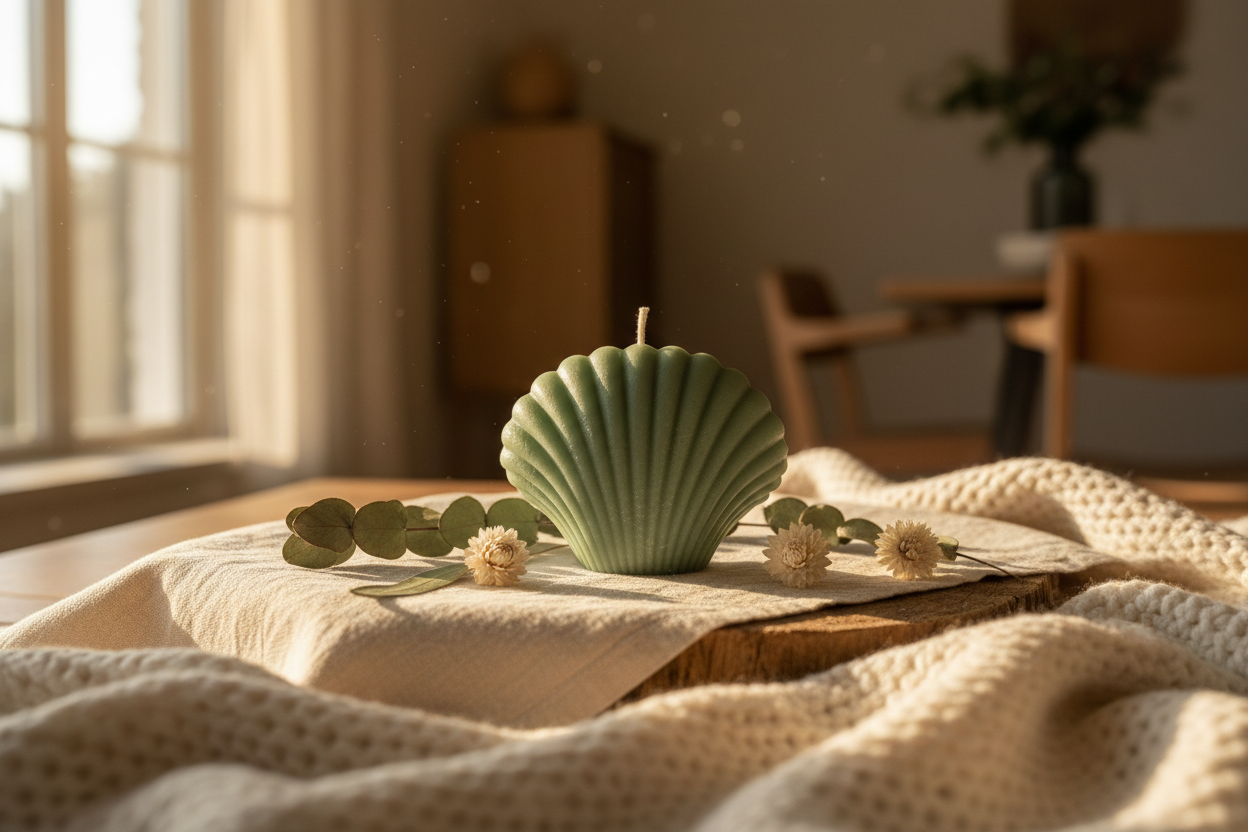 Shell candle in cosy home setting