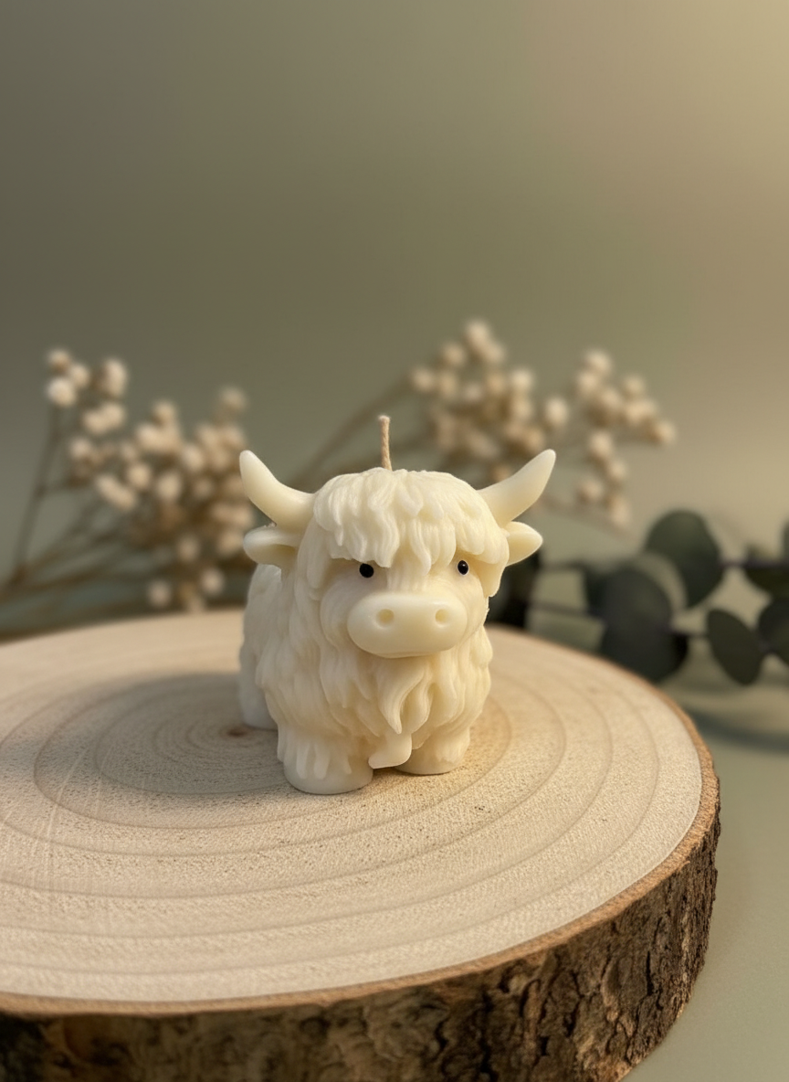 Soy Highland Cow Candle in rustic setting