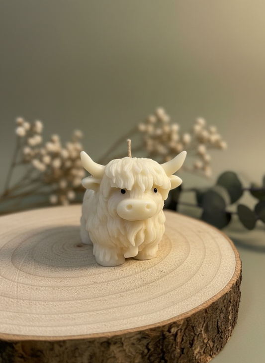 Soy Highland Cow Candle in rustic setting
