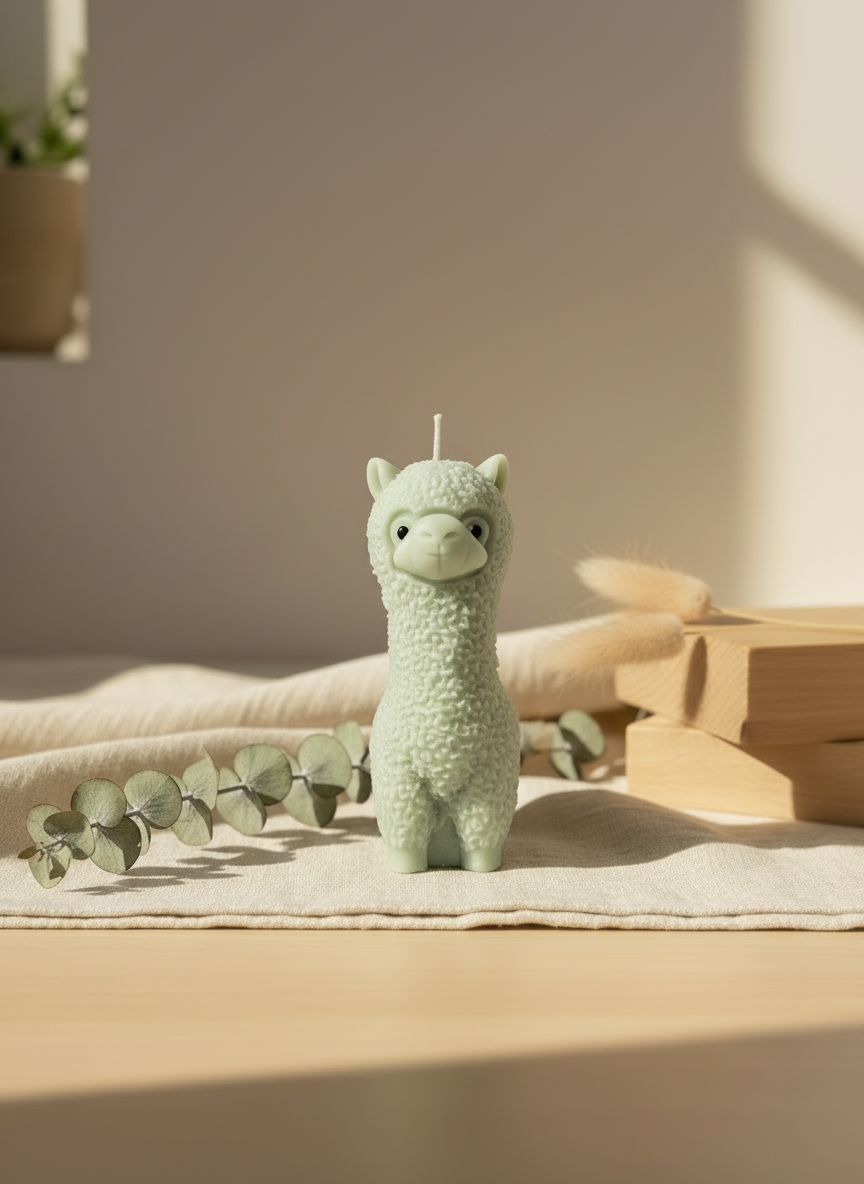 Very Light Sage Green Soy Alpaca Candle in cosy setting