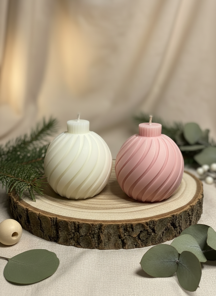 White and Pink Soy Bauble Candles in festive setting