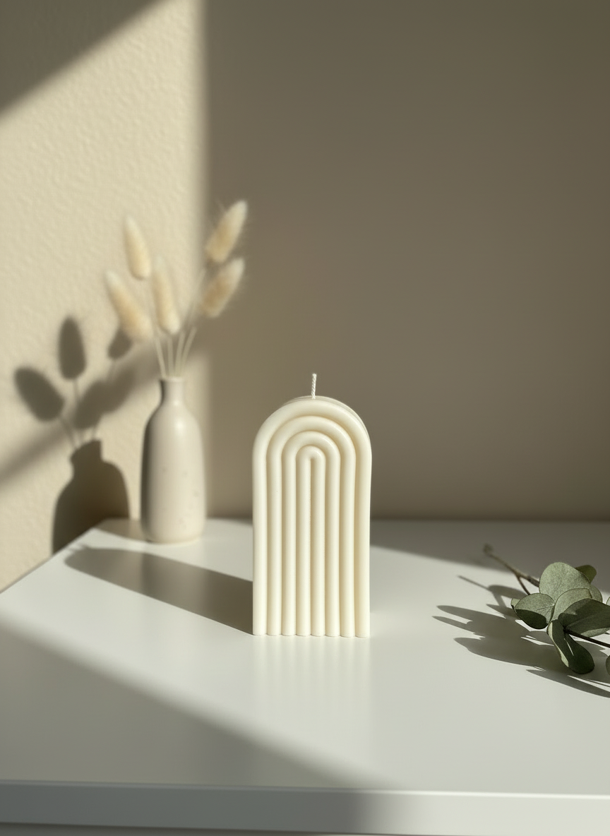 White Soy Arch Shape Candle in minimalist setting