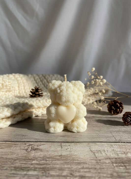 White Soy Bear Candle in cozy setting