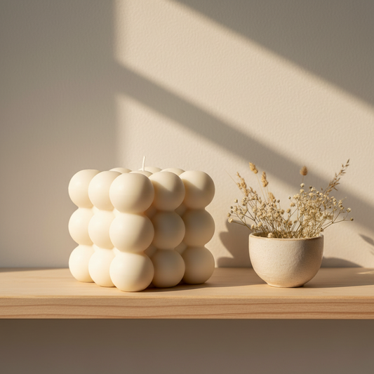 White Soy Bubble Candle in minimalist setting
