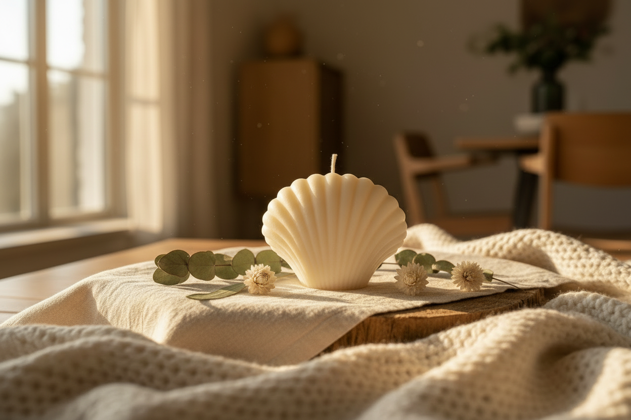 White Soy Shell Candle in coastal setting