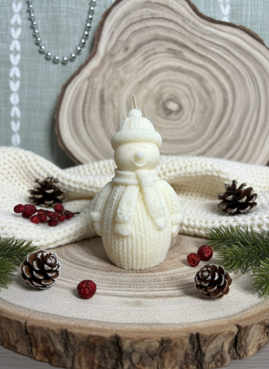 White Soy Snowman Candle in cozy winter setting